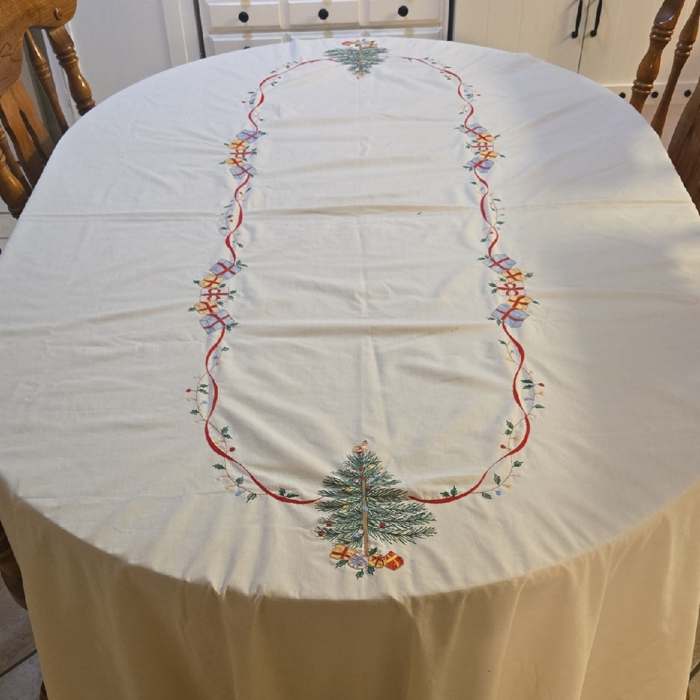 Festive Holiday Embroidered Tablecloth